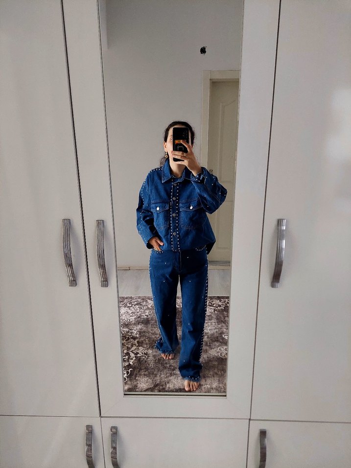 Metal Çivili Koyu Mavi Denim Takım — görsel 4/6