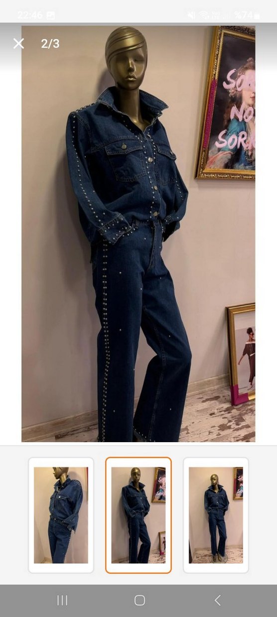 Metal Çivili Koyu Mavi Denim Takım — görsel 2/6