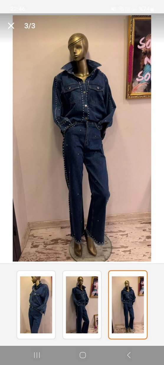 Metal Çivili Koyu Mavi Denim Takım — görsel 3/6