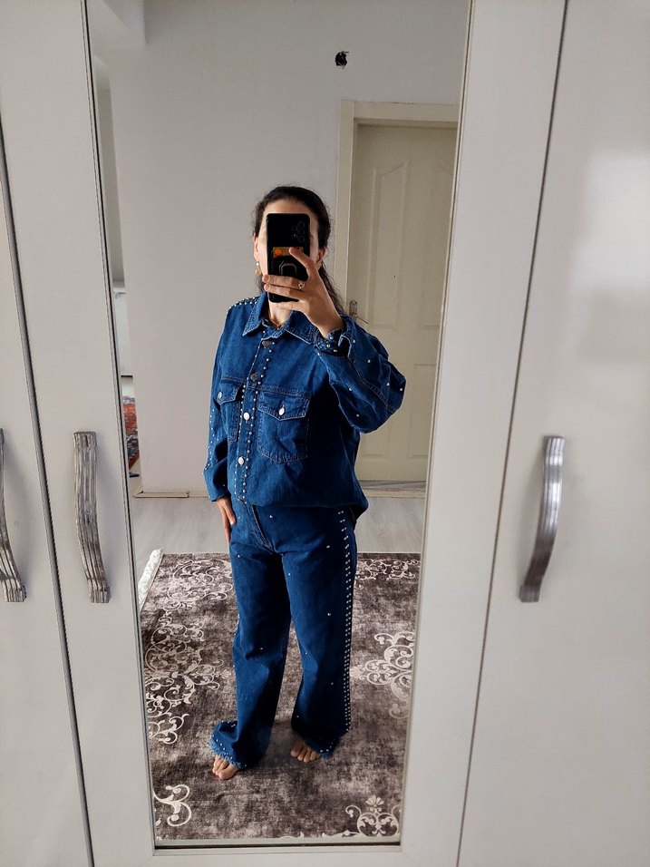 Metal Çivili Koyu Mavi Denim Takım — görsel 5/6