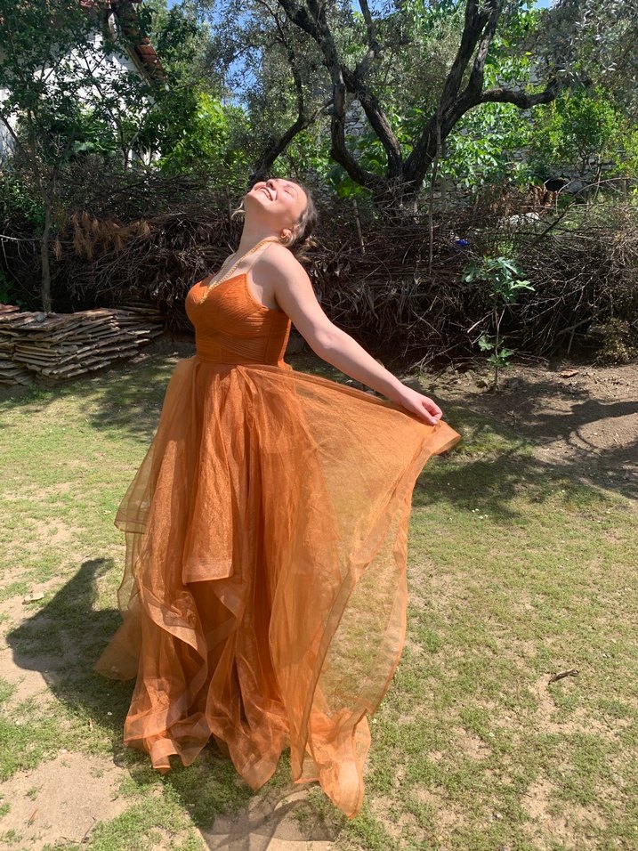 Turuncu Drapeli Uzun Bohem Abiye Elbise - Görsel 2