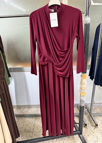 Diğer Bordo Drape Detayli Uzun Elbise