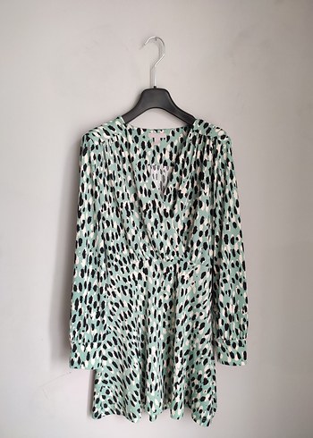 H&M Mint Yesili Leopar Desenli Rahat Elbise