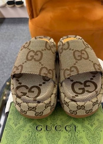 Gucci Gg Monogramli Bej Kahverengi Terlik