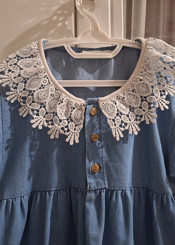 Kız Çocuk Mavi Dantelli Denim Bluz - Görsel 5