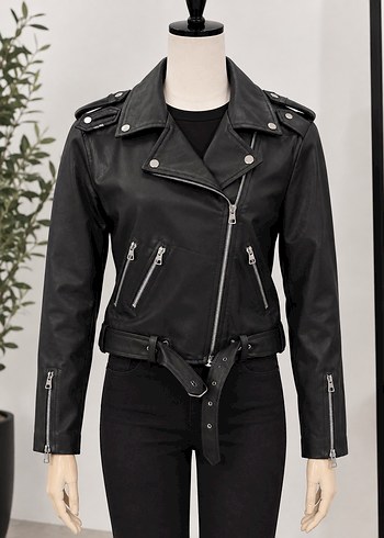 Diğer Sehirli Siyah Deri Biker Ceket