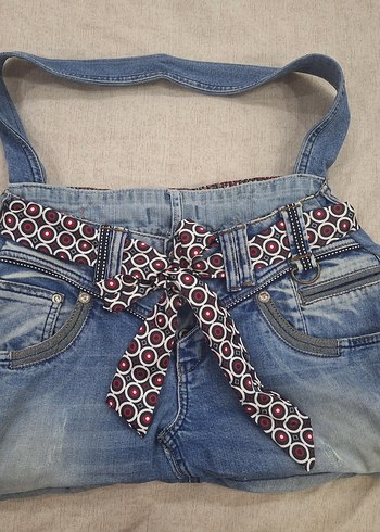 Diğer El Yapimi Retro Desenli Mavi Denim Omuz Cantasi