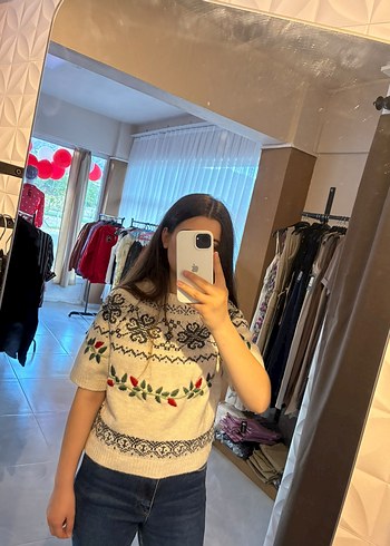Diğer Ekru Cicekli Bohem Triko Kazak