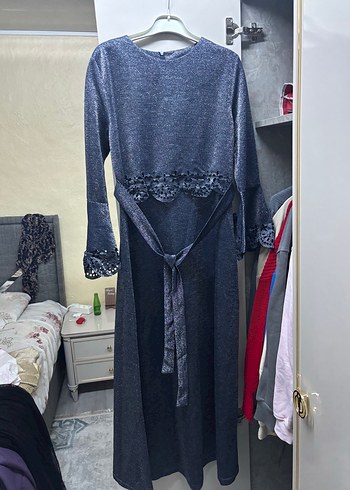 Diğer Koyu Mavi Pariltili Tesettur Uzun Elbise