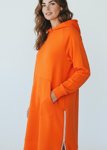Diğer Turuncu Kapusonlu Rahat Sweatshirt Elbise
