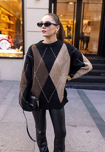 Baklava desenli oversize triko kazak
