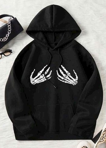Diğer İskelet Desenli Siyah Kapusonlu Sweatshirt