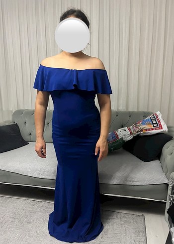 Diğer Saks Mavisi Omzu Acik Uzun Abiye Elbise