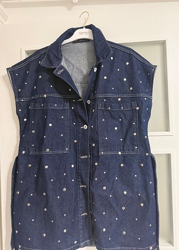 Diğer Lacivert Denim Cirt Cirtli Kolsuz Yelek