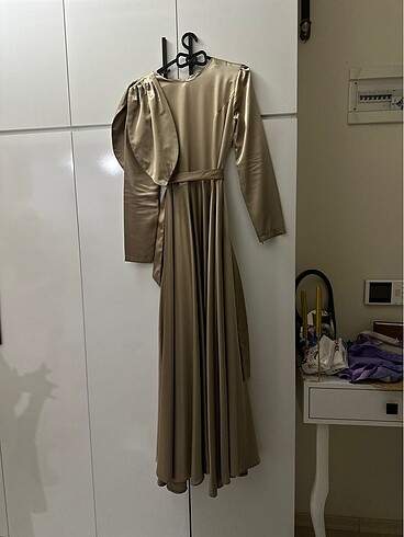 38 Beden camel Renk Saten Elbise