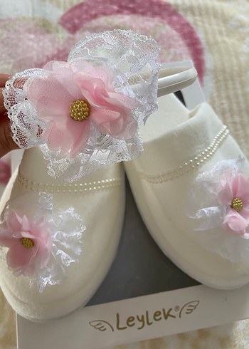 Leylek Beyaz Dantelli Pembe Çiçekli Lohusa Terliği - Görsel 2