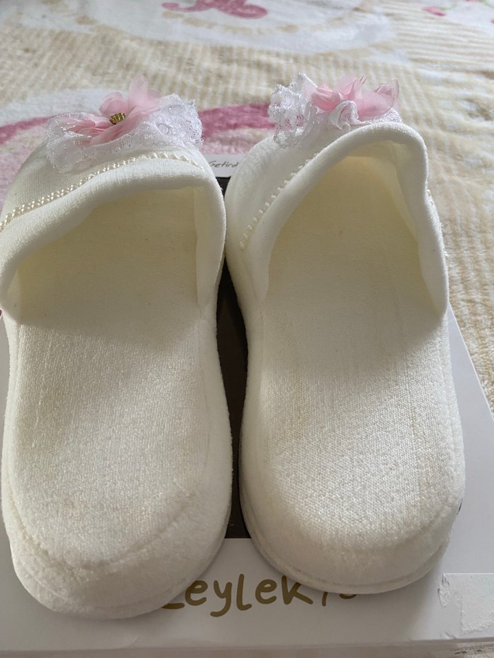 Leylek Beyaz Dantelli Pembe Çiçekli Lohusa Terliği - Görsel 5