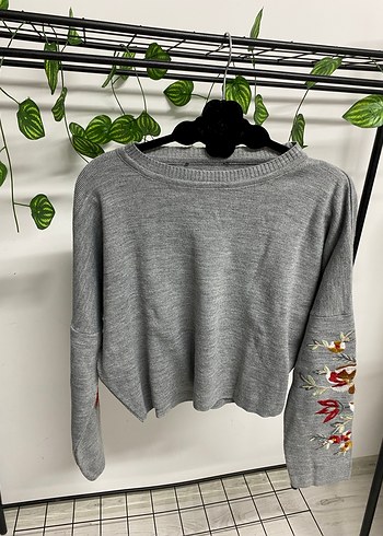 Nakışlı Gri Kadın Triko Kazak - Görsel 2