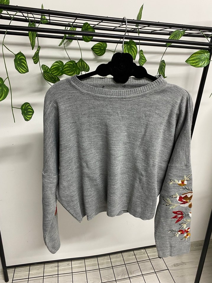 Nakışlı Gri Kadın Triko Kazak - Görsel 2