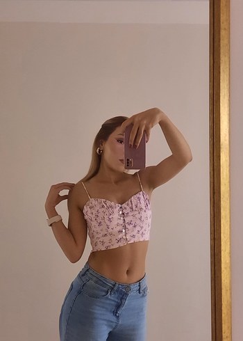 Bershka Pembe Cicekli İnce Askili Crop Top