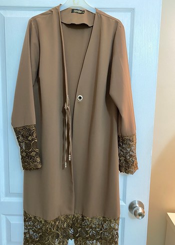 Kahverengi Nakışlı Uzun Kadın abiye tunik - Görsel 4