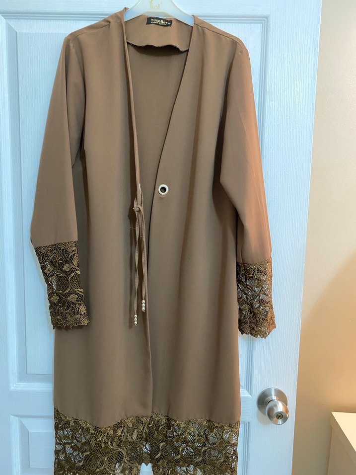 Kahverengi Nakışlı Uzun Kadın abiye tunik - Görsel 4