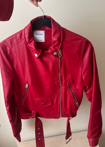 Bershka Canli Kirmizi Deri Biker Ceket