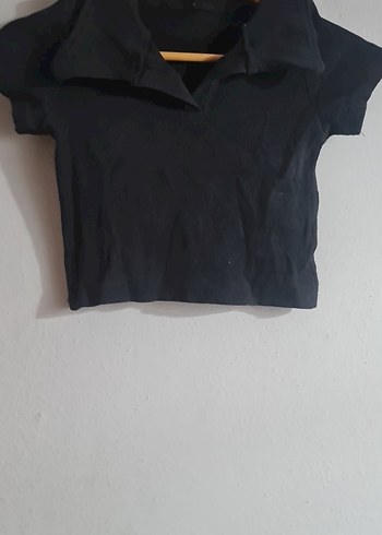 Diğer Siyah Polo Yaka Crop Tisort