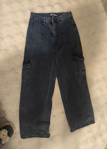 Diğer Koyu Mavi Yuksek Bel Kargo Denim Pantolon