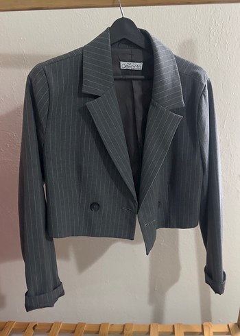 Defacto Gri İnce Cizgili Kisa Blazer Ceket