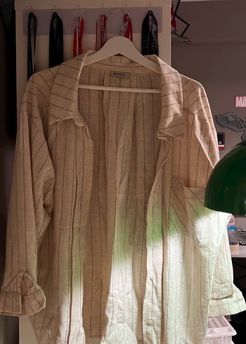 Diğer Ekru Cizgili Oversize Gomlek