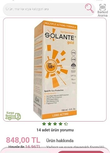 Beden SOLANTE 50+ güneş kremi 150 ml