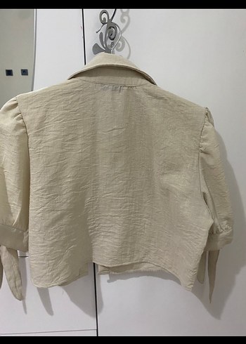 l Beden camel Renk Keten Mini Bej Düğmeli Kadın Gömlek