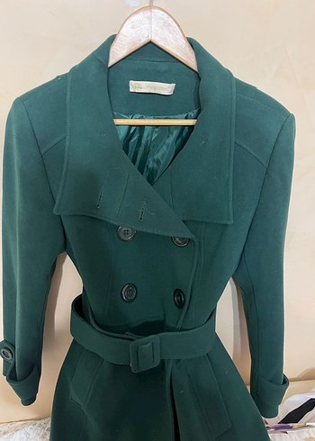 Düğmeli Koyu Yeşil Uzun Kadın Kaban - Görsel 2