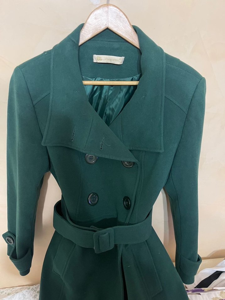 Düğmeli Koyu Yeşil Uzun Kadın Kaban - Görsel 2