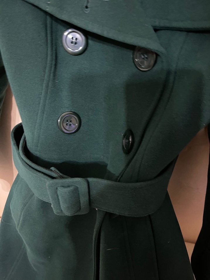 Düğmeli Koyu Yeşil Uzun Kadın Kaban - Görsel 4