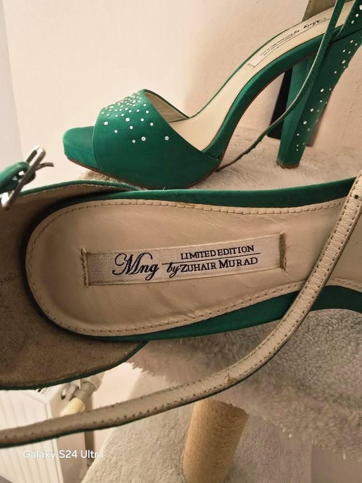 Mango Yeşil Saten Taşlı Topuklu Ayakkabı - Görsel 4