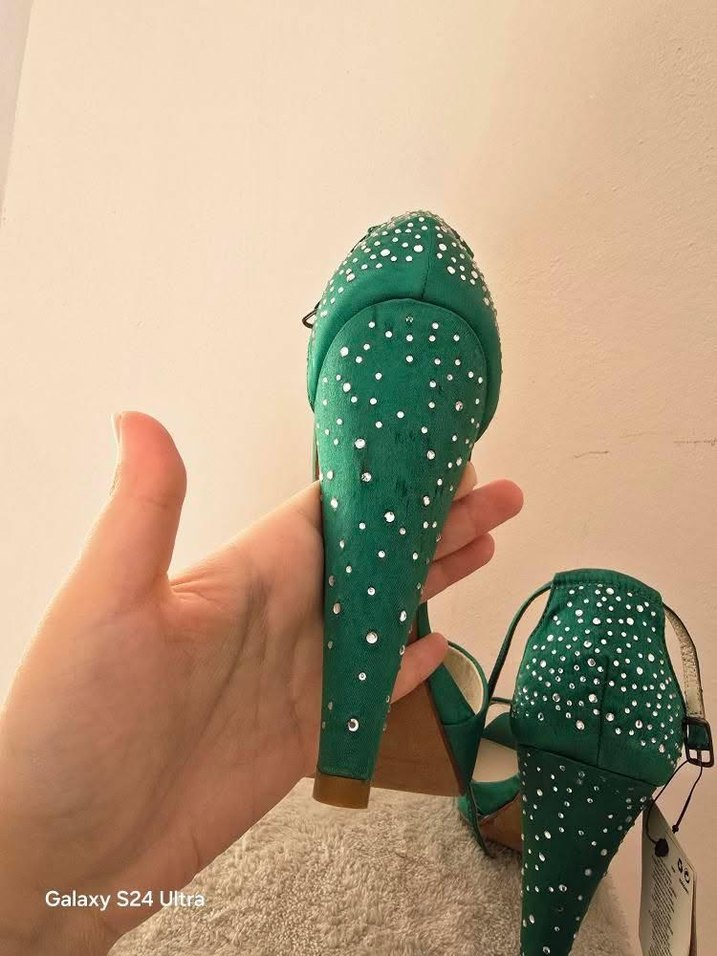 Mango Yeşil Saten Taşlı Topuklu Ayakkabı - Görsel 5