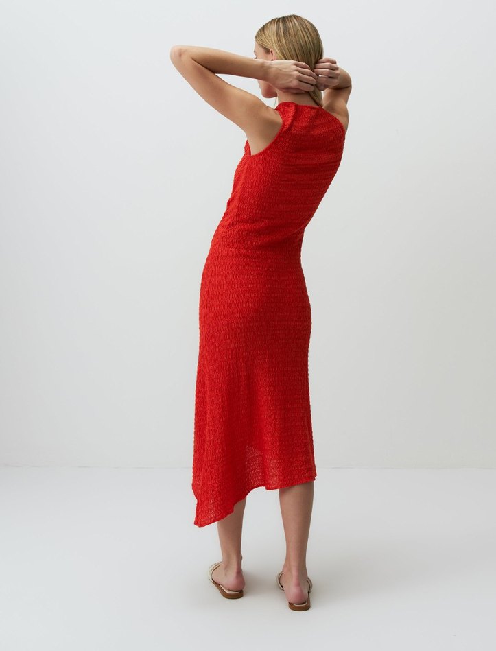 Kırmızı Drapeli Uzun V Yaka Elbise - Görsel 3