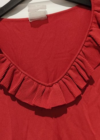 Kırmızı Fırfırlı Uzun Kollu Triko Kazak - Görsel 2