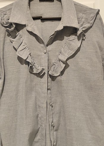 Fırfırlı Keten Gömlek, Uzun Kollu, Gri - Görsel 3