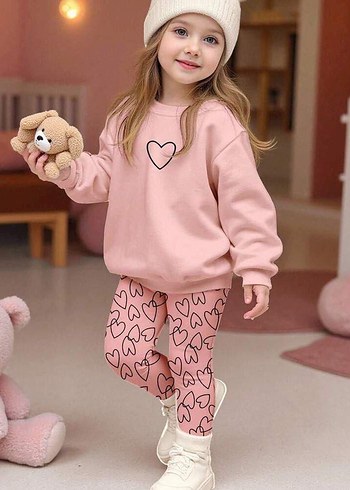 Kız Çocuk Lila Baskılı Sweatshirt ve Pantolon Takımı tayt takım - Görsel 2