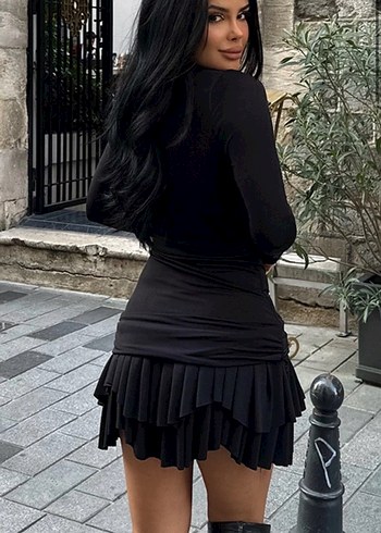 Siyah Yüksek Yakalı Kadın Mini Elbise - Görsel 4