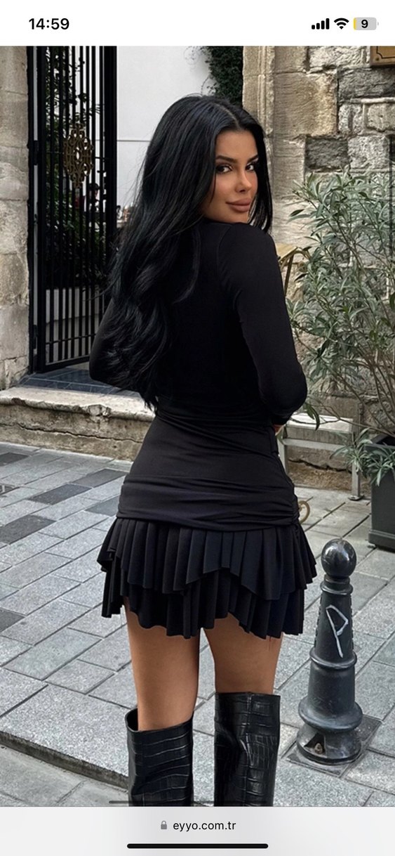 Siyah Yüksek Yakalı Kadın Mini Elbise - Görsel 4