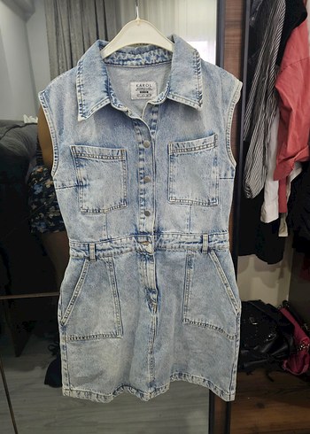 Zara Düğmeli Gri Batik Desenli Kolsuz Kadın Denim elbise