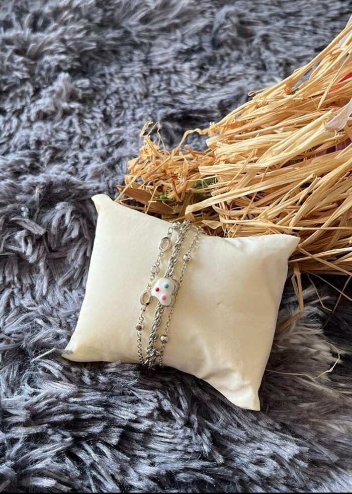 İşlemeli Zincir Detaylı resim paletli Gri Beyaz Bileklik - Görsel 3