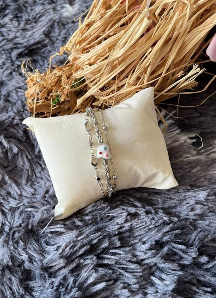 İşlemeli Zincir Detaylı resim paletli Gri Beyaz Bileklik - Görsel 4