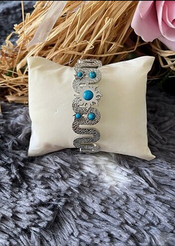 Gümüş renkli Güneş ve Yılan Desenli Turkuaz Bileklik - Görsel 2