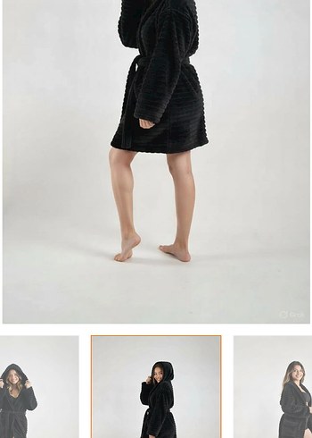 Siyah Kapüşonlu Modern Bornoz sabahlık - Görsel 2