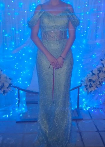 mint yeşili güpürlü Uzun Abiye Elbise - Görsel 5